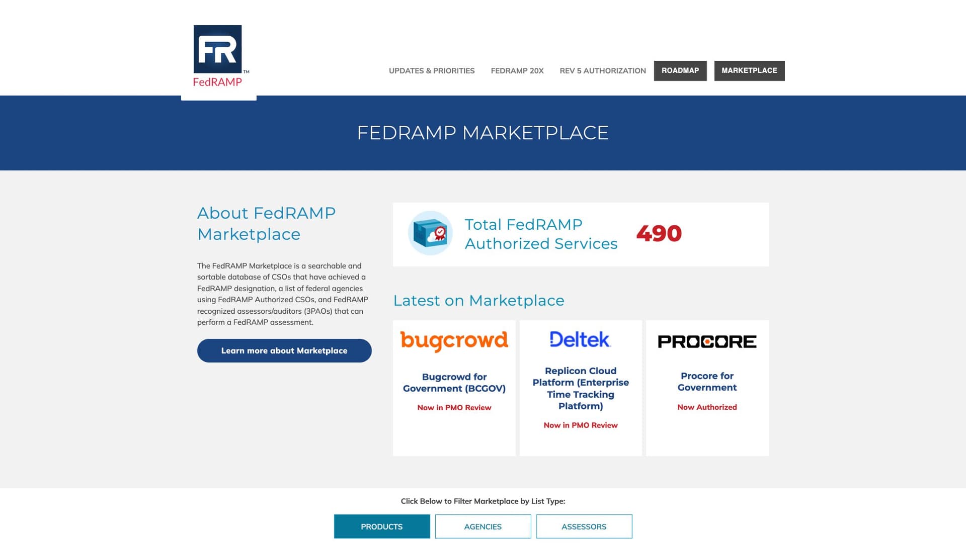 FedRAMP Marketplace official website showing cloud service authorization listings and search interface for verification