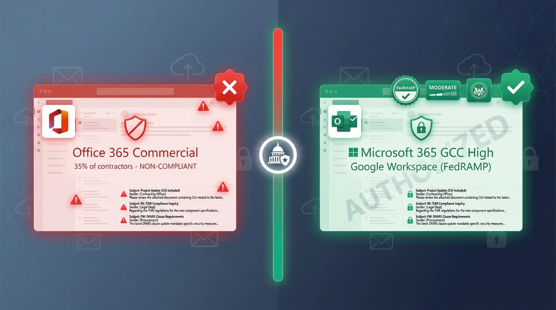 Split-screen editorial illustration showing non-compliant email platforms with red warning indicators versus FedRAMP-authorized platforms with green security badges