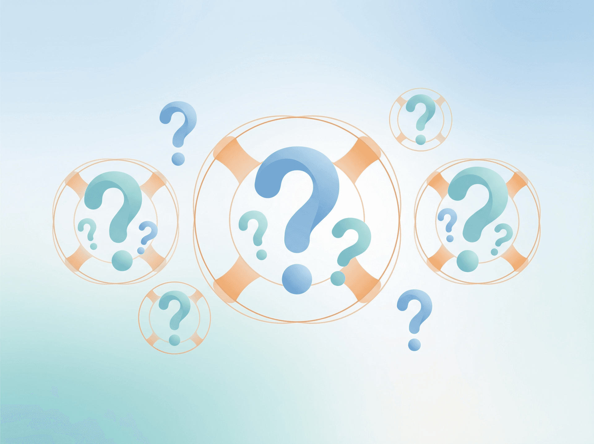 Clean editorial illustration showing organized question marks floating calmly with subtle life preserver metaphor representing FAQ as helpful safety resource
