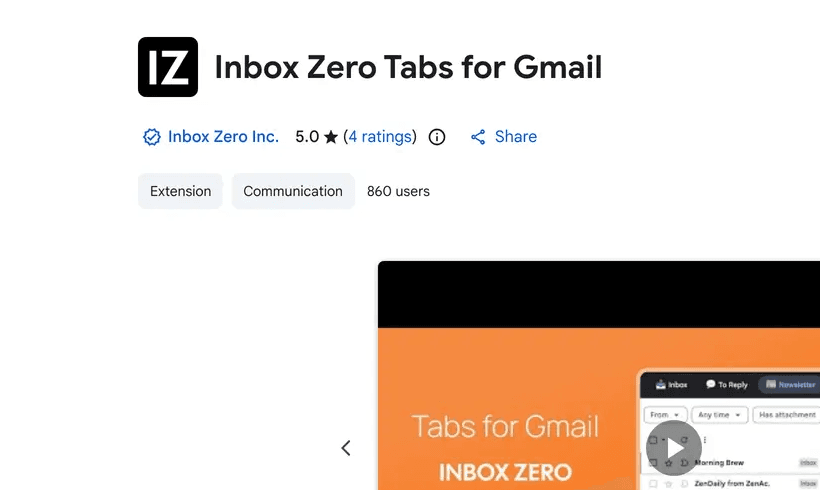 Chrome Web Store listing for Inbox Zero Tabs extension showing add to Chrome button, ratings, and privacy-first features
